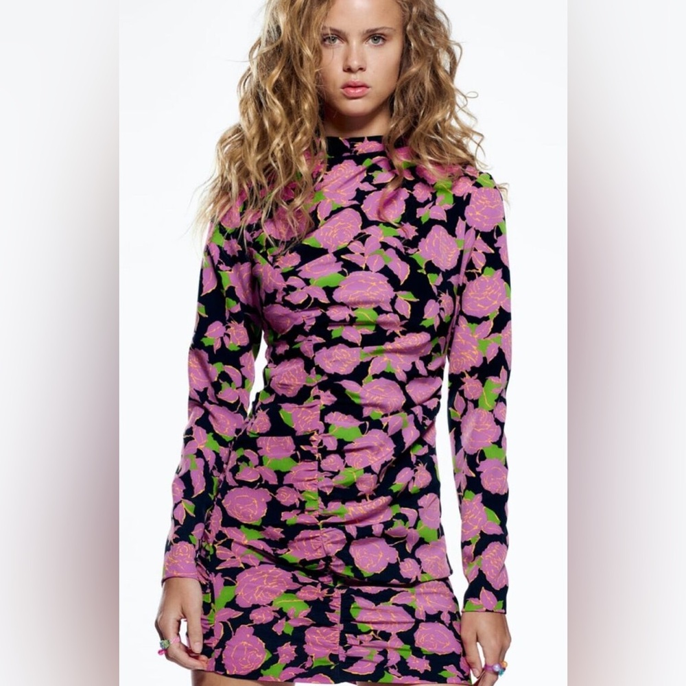 Zara Pink Floral Ruched Long Sleeve Dress